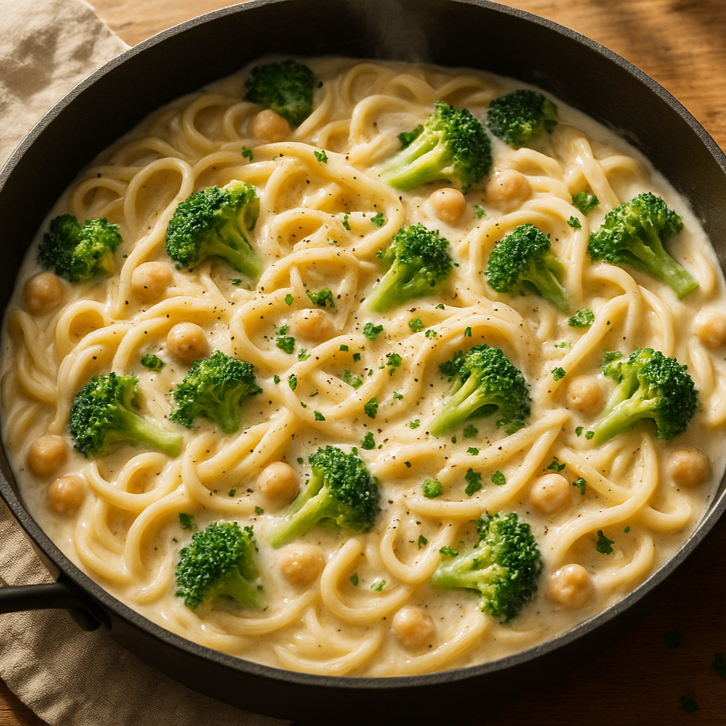 Chickpea and Brocolli Alfredo Pasta Skillet One Pot Healthy Meal