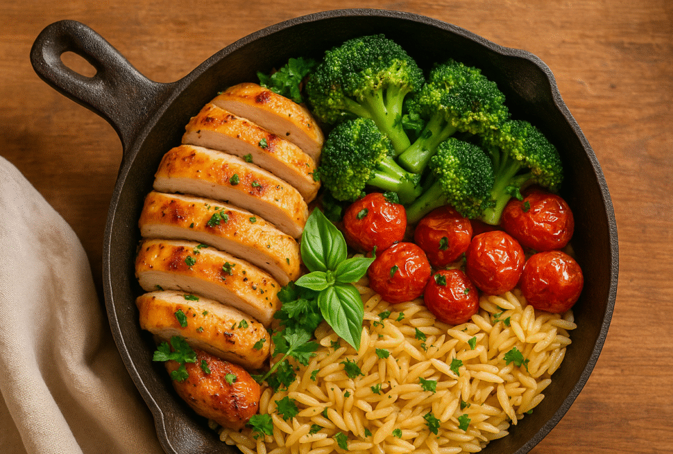Healthy one-pan meal with chicken, broccoli, tomatoes, and orzo in cast iron skillet – easy one-pot dinner