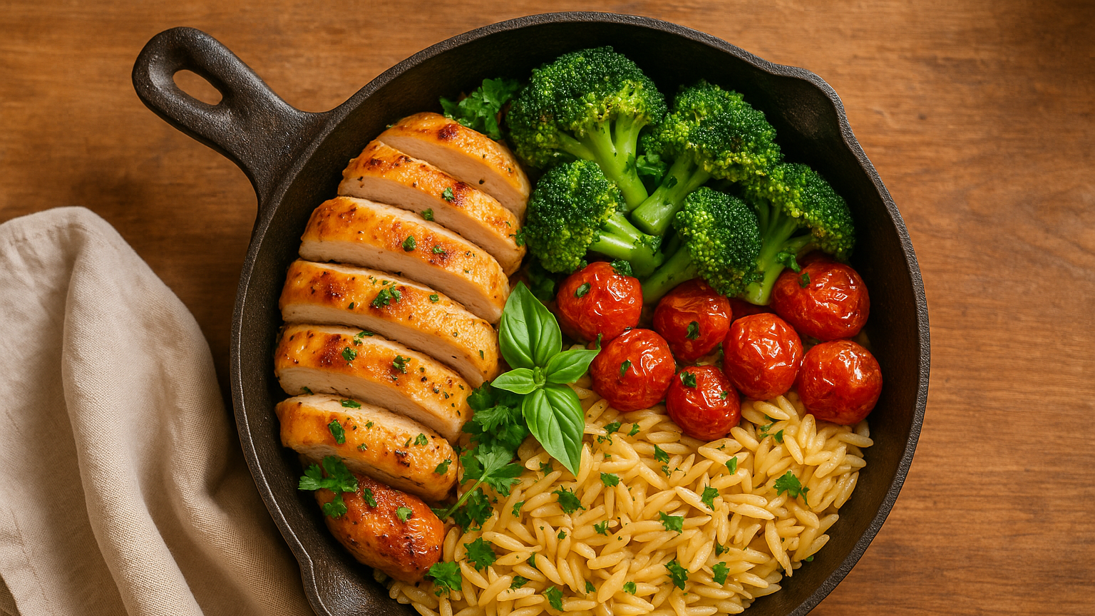 Healthy one-pan meal with chicken, broccoli, tomatoes, and orzo in cast iron skillet – easy one-pot dinner